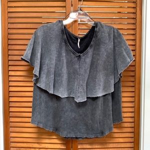 Free People Top, Size S, Gray, V-Neck, Raffle in the Front of Top, Distressed